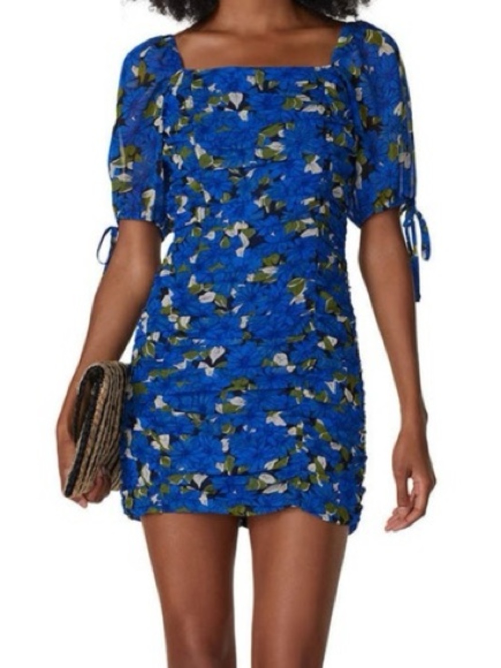 Anthropologie Moon River Blue Floral Ruched Mini Dress Sz S